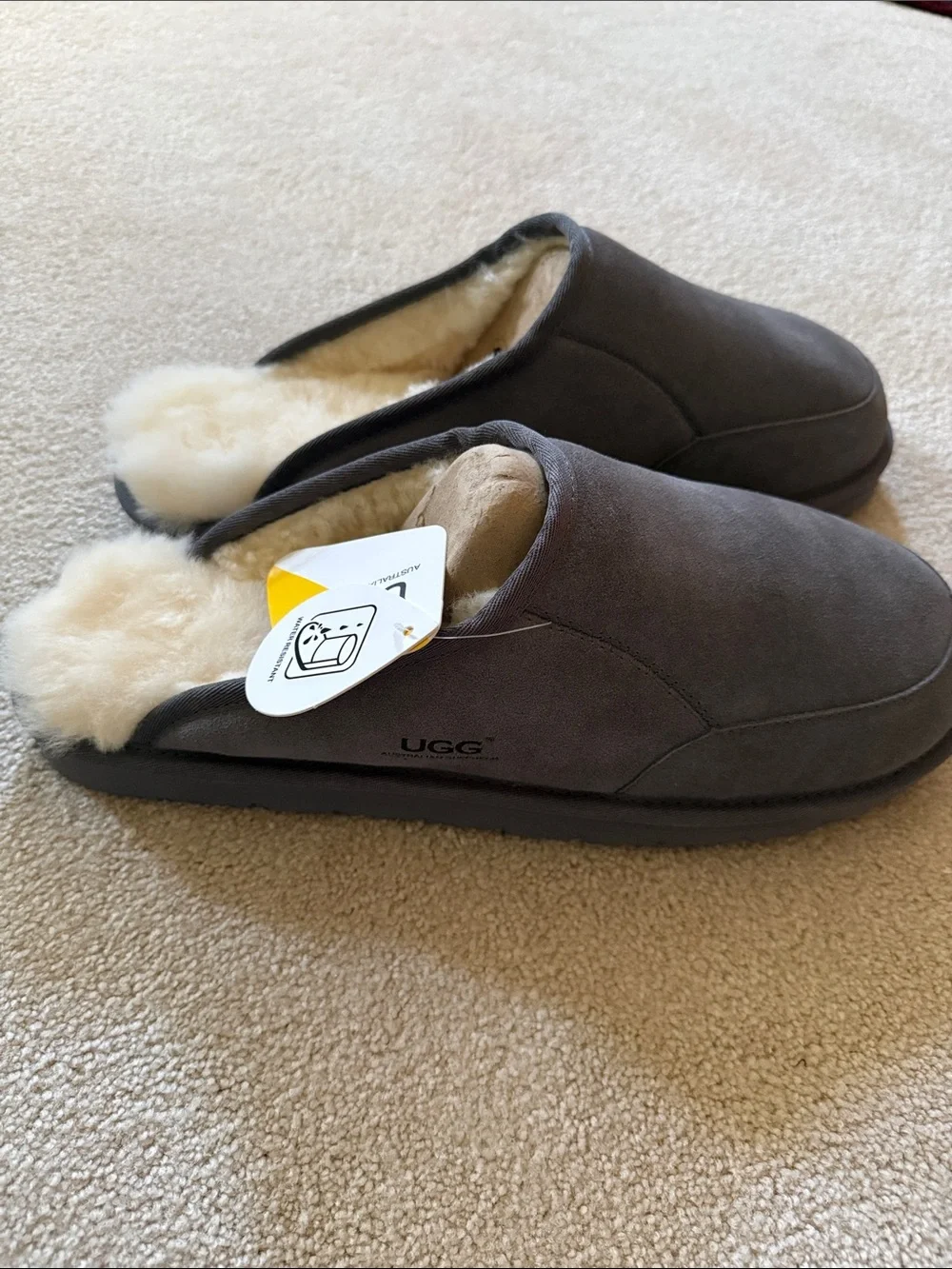 UGG Men's Gray Suede Sheepskin-Lined Slip-Ons